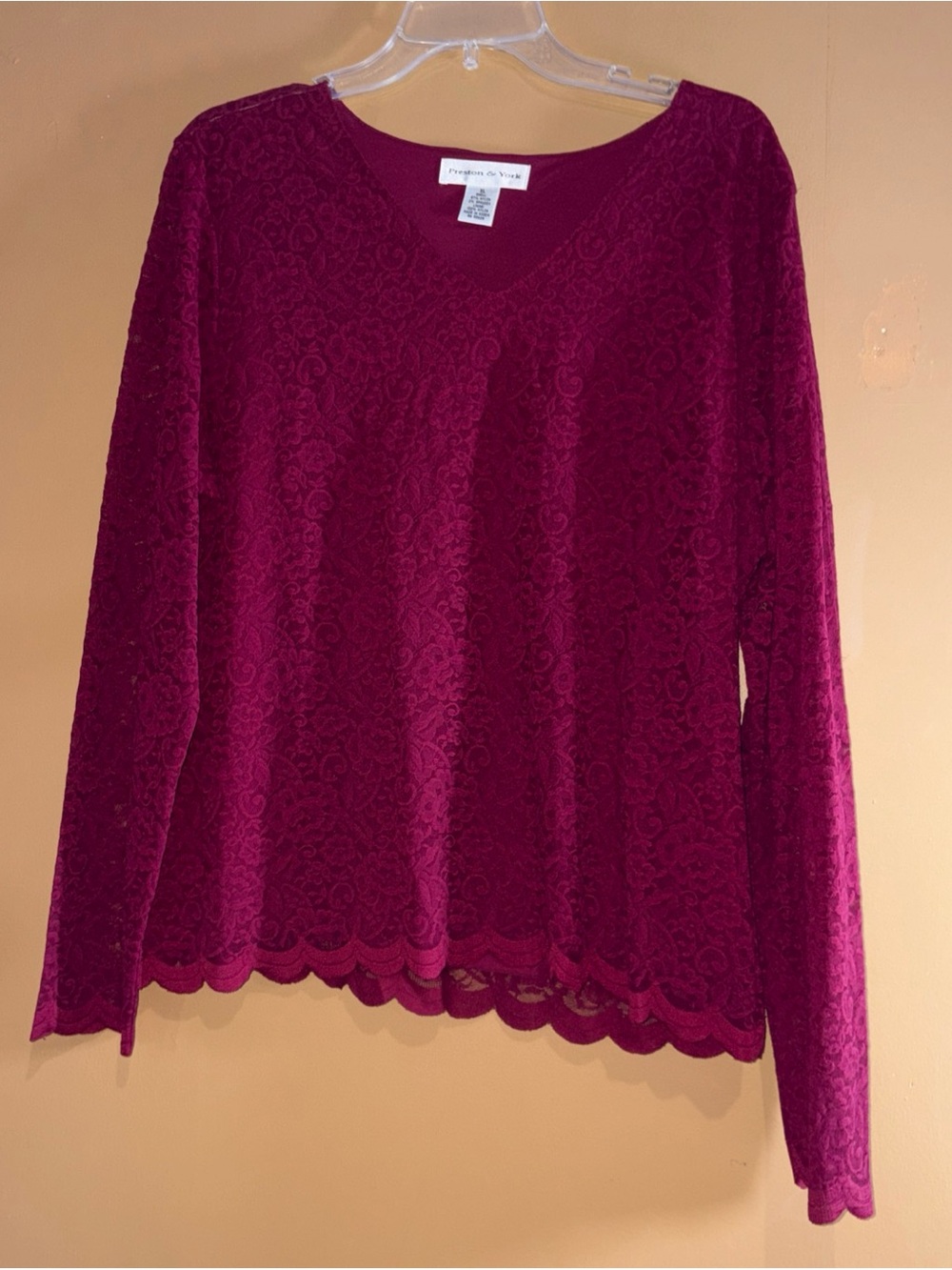 HC832 Preston & York Lace Burgundy Top Blouse Lacy Size XL